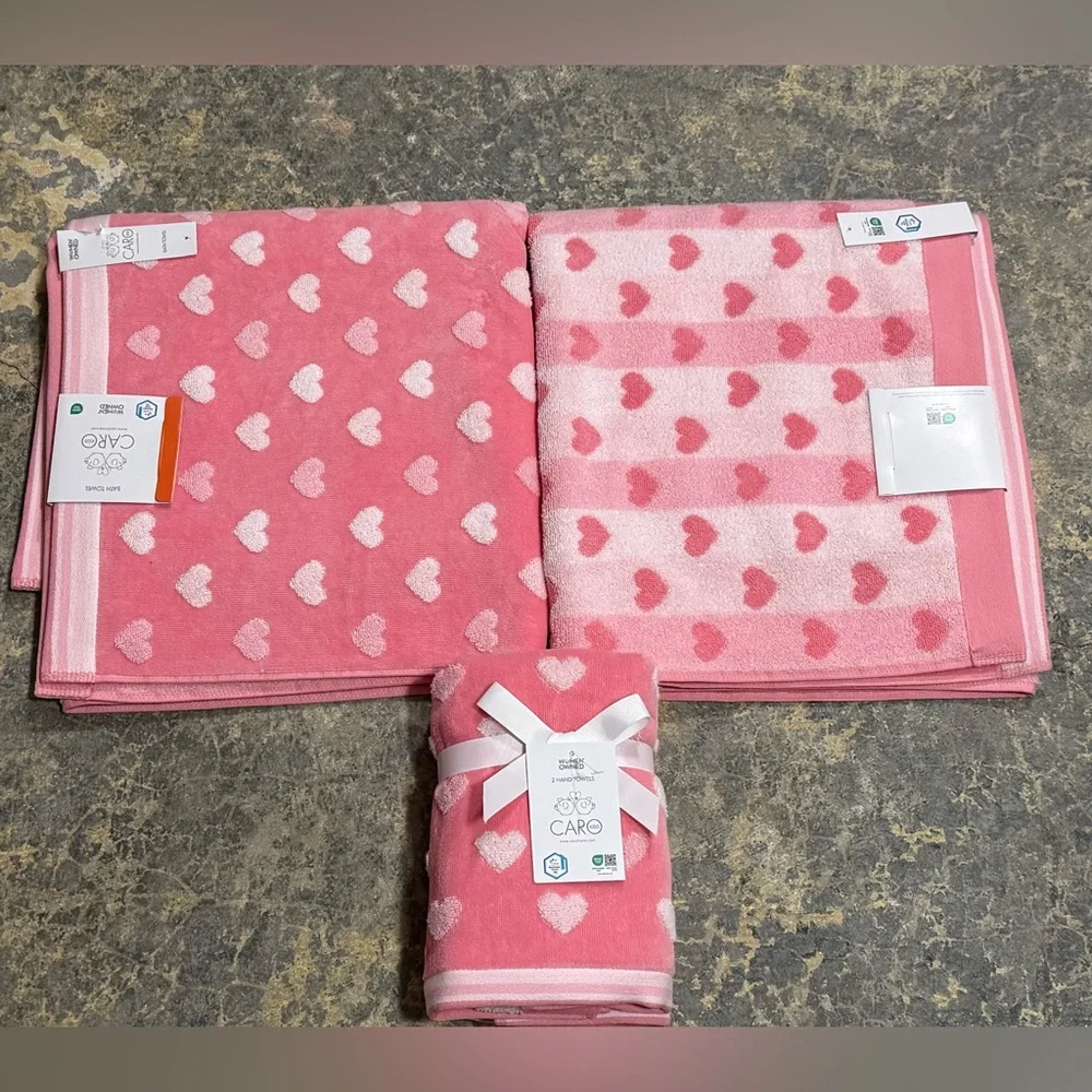 Caro Kids Pink Heart Bath Towel Set of 4 (2 Bath 2 Hand) - NWT